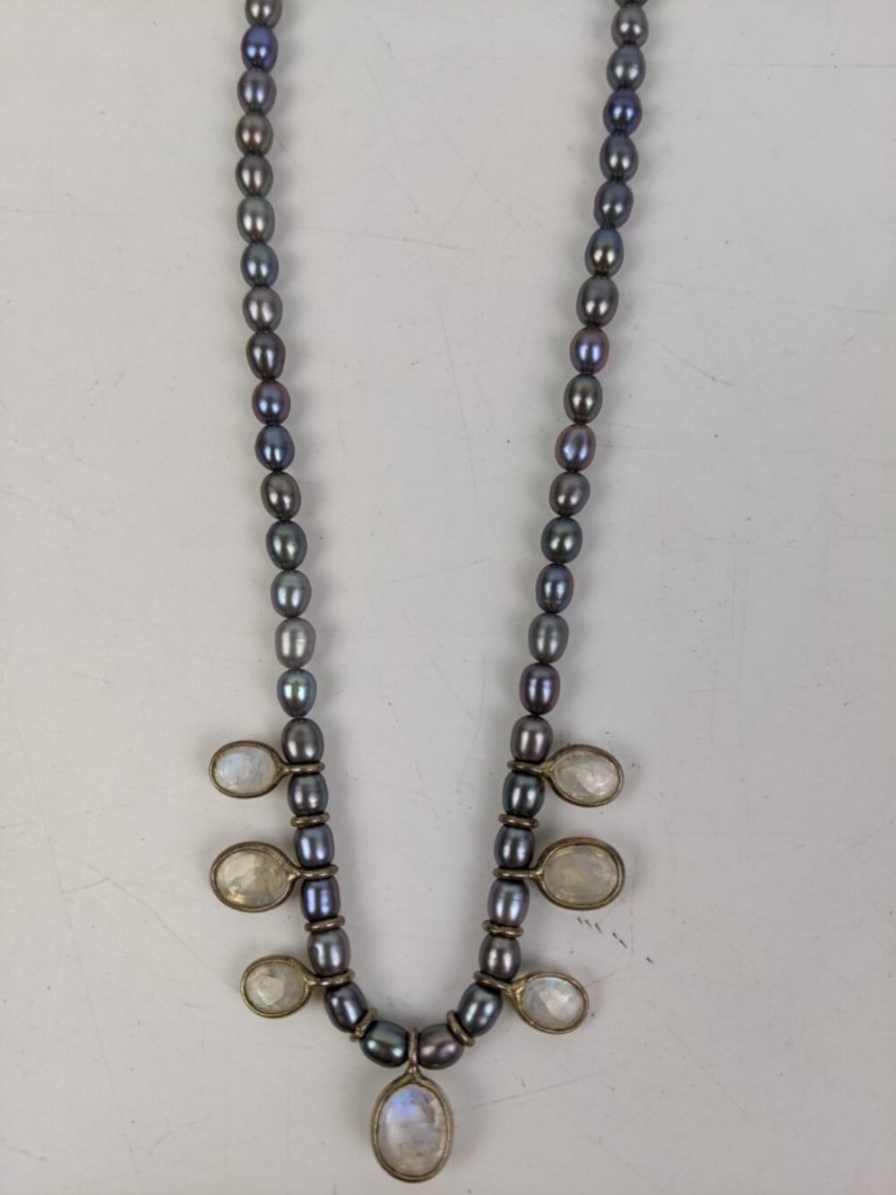 Iridescent Pearl & Moonstone Necklace Statement Vintage Teardrop - Picture 9 of 12